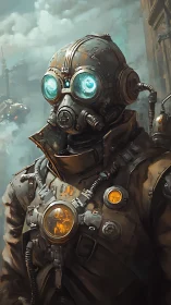 Industrial respirator figure in fogged urban landscape.