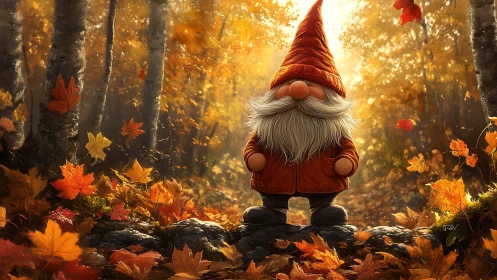 Autumn gnome stands proud beneath a swirling golden leafstorm.