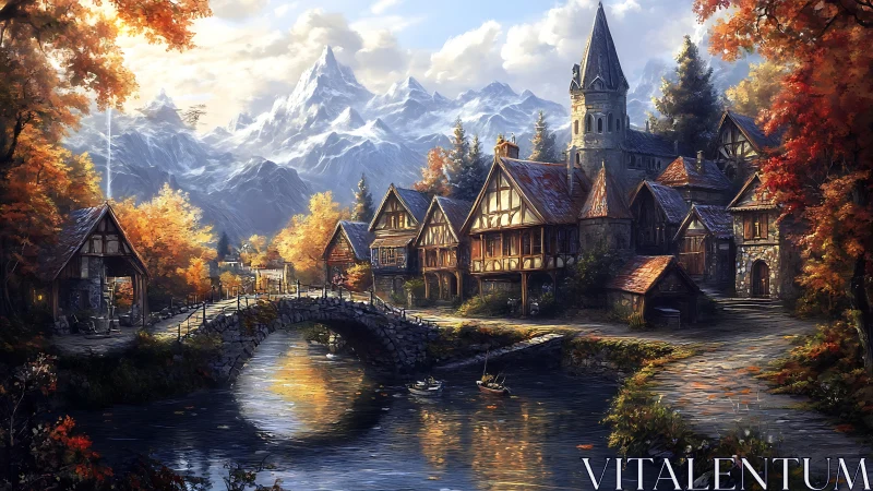 Mountain village sits beside river under autumn sunlight