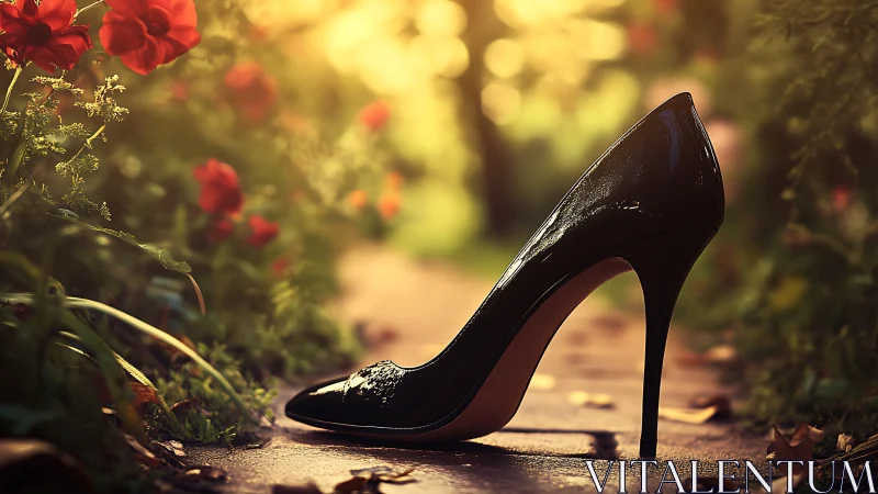 Black stiletto shoe on garden path in soft sunlight.