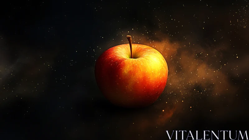 Luminous red apple suspended in cosmic dust field, high contrast.