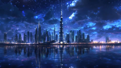 Futuristic waterfront skyline reflects in calm night water