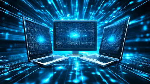 Triad of laptops sharing encrypted data streams in blue.