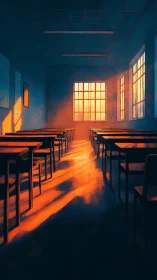 Empty classroom with warm sunset light and long shadows.