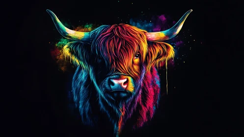 Vivid neon highland bull portrait radiates bold energy.