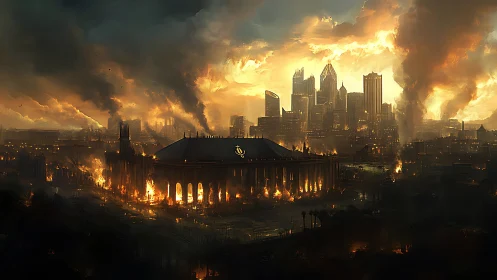 Flames crown a shattered arena beneath a burning steel skyline