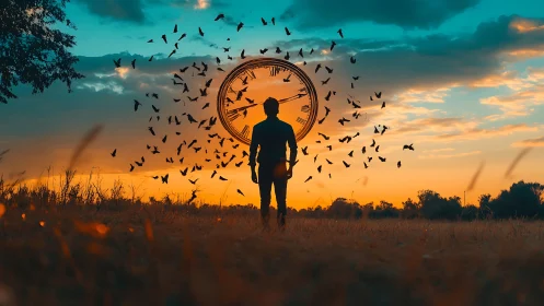 Golden hour wanderer meets a swirling clock of birds in sky