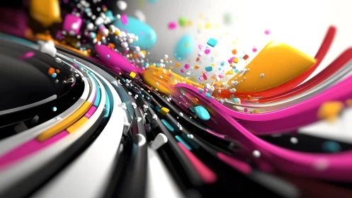 Dynamic Abstract 3D Swirls with Colorful Splashes and Energy.