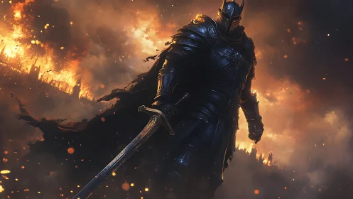Armored swordsman in burning battlefield environment.