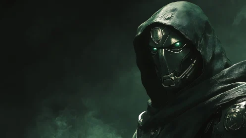 Hooded cybernetic warrior with glowing emerald eyes