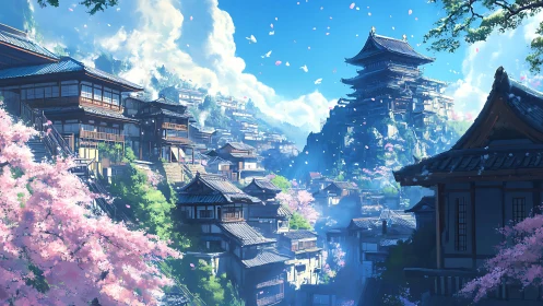 Petal-bright hillside town rests beneath a serene sky temple