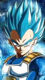 Blue-haired armored anime warrior under cosmic light.