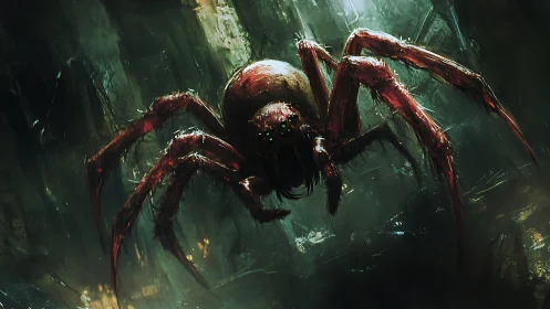 Digital horror painting of a mutant spider in toxic gloom.
