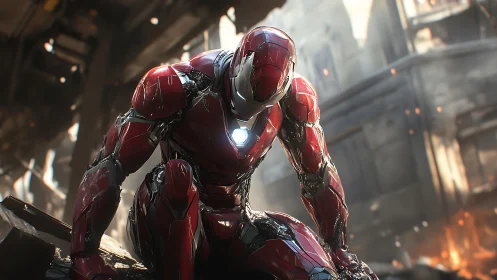 Battle‑scarred red exosuit kneels in smoldering ruins.