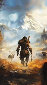 Paleolithic tracker with wolves under glacial volcanic mountain.