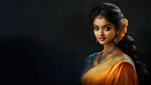 Portrait uses directional lighting on woman in ornate silk saree