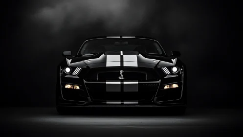 Frontally lit black muscle car with dual racing stripes rendered.