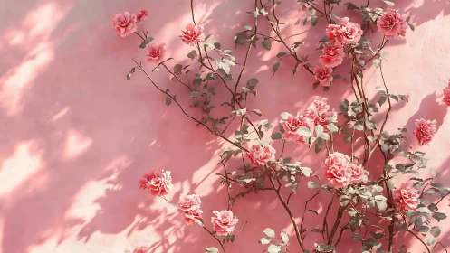 Sunlit Pink Roses Against Blush Wall.