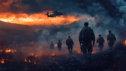 Soldiers stride through ember-lit battlefield under burning dusk.