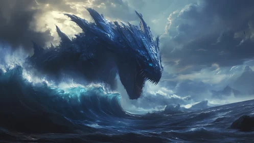 Gigantic crystalline sea dragon rises from stormy ocean