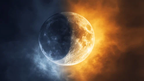 Luminous lunar sphere caught between frost and fire skies.