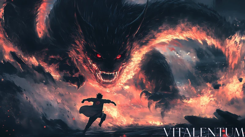 Lone warrior confronting colossal lava-shadow demon in storm