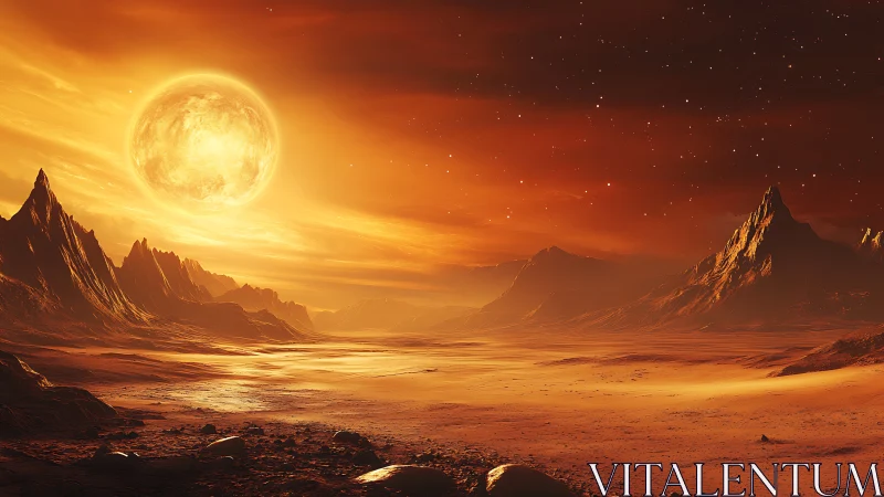 Alien desert landscape shows bright sun over rocky horizon