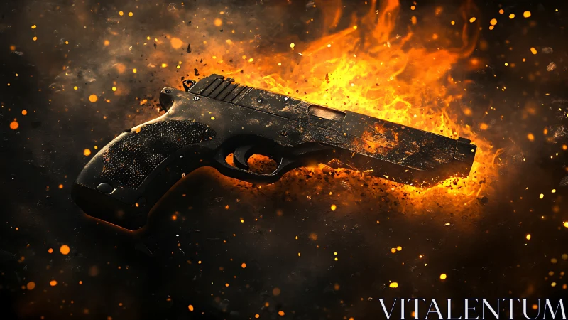 Pistol Semi-Automatic Handgun Engulfed in Orange Flames and Fire