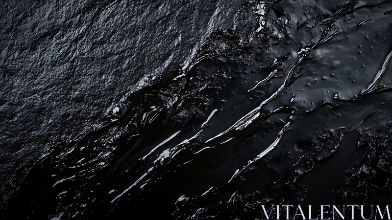 Viscous black liquid spreading across rough dark stone surface