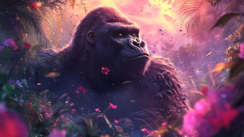 Majestic gorilla in luminous fantasy jungle bloomscape.