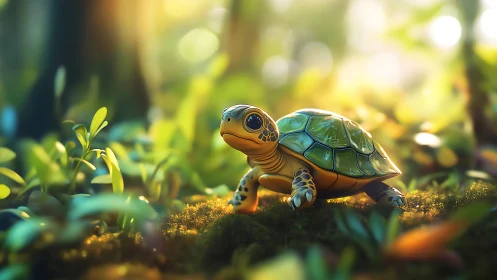 Sunlit forest hatchling strolls through glowing moss dream.