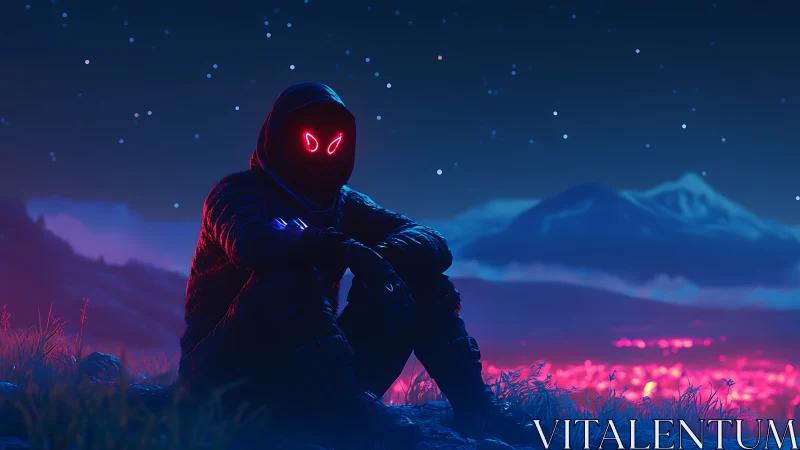 Hooded neon figure sits over glowing city at night.