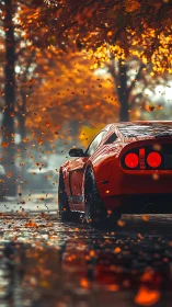 Red sports car on wet autumn road under falling leaves.