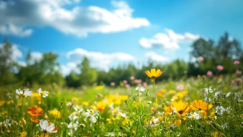 Sunlit wildflower meadow humming beneath a bright blue sky.