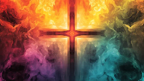 Radiant cross glows amid swirling fiery and cool clouds.