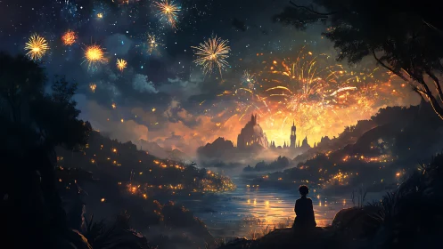 Silhouetted observer studies fireworks above luminous fantasy city