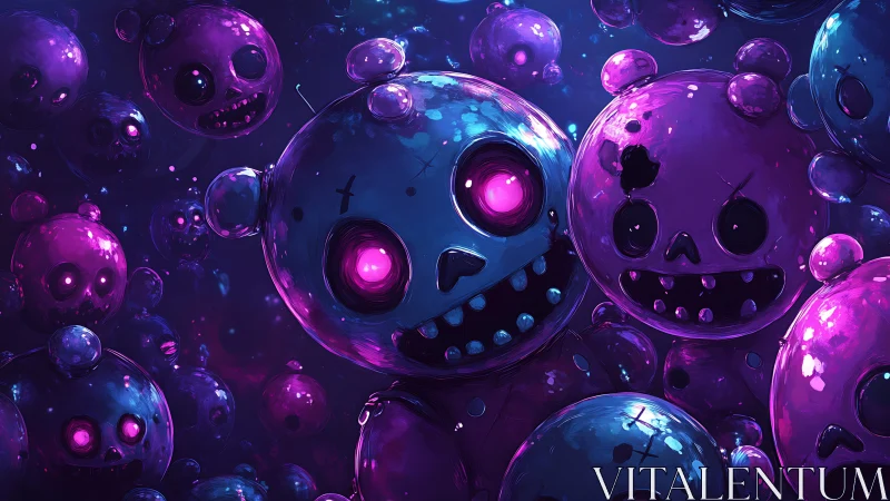 Glowing bubble skull critters drifting through neon night.