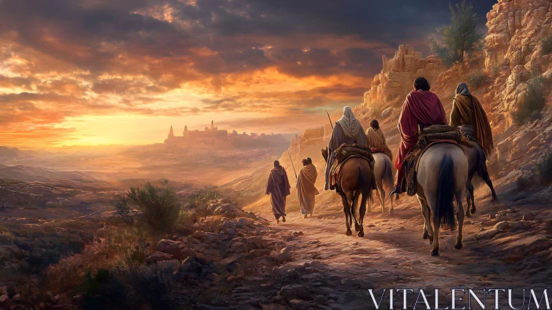 Sunlit travelers ride toward an ancient hilltop city together