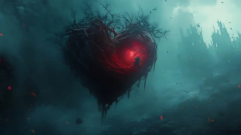 Dark heart cocoon glows over ruined mist kingdom.