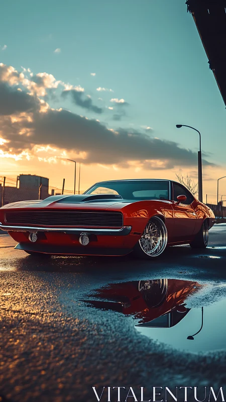 Low-slung red muscle car at sunset on wet pavement.