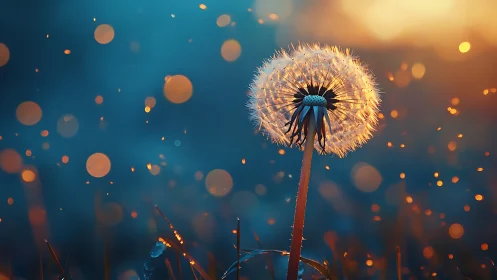 Single dandelion seed head stands against defocused light field
