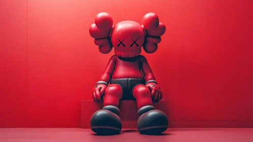 Monochrome red vinyl-style figure seated under soft diffuse lighting