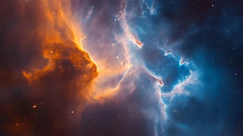 Color nebula cloud forms sharp orange and blue interface