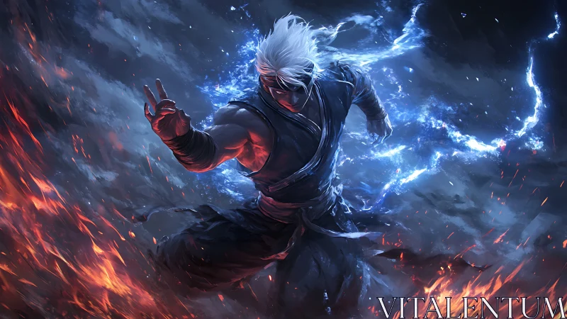Storm-summoning ninja channels lightning over raging fire.
