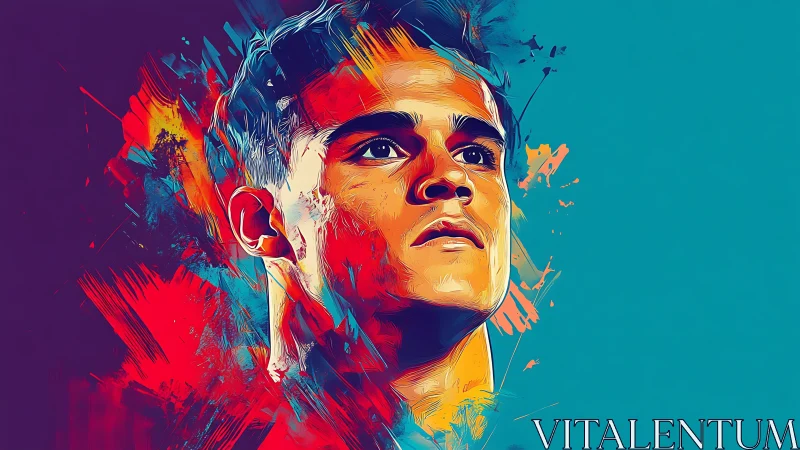 Vibrant digital portrait of young man with abstract color bursts