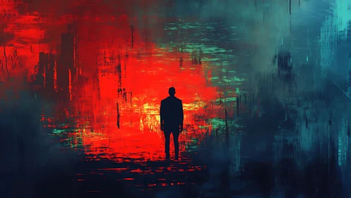 Lone silhouette pauses before a glowing red and teal horizon