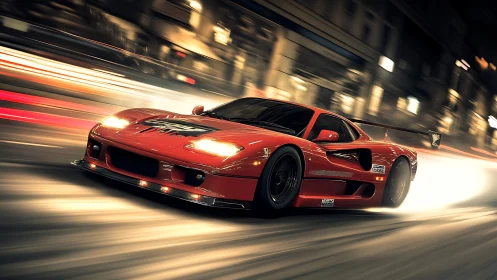 Red race car powers through blurred nighttime city street