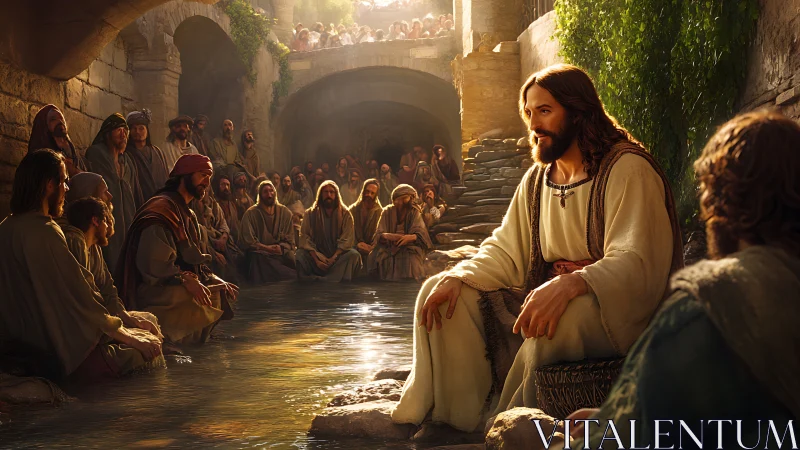 Teacher by sunlit stone pool leads attentive ancient crowd.