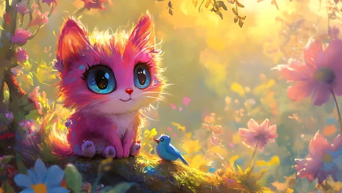 Pink feline character with blue eyes positioned in botanical setting.