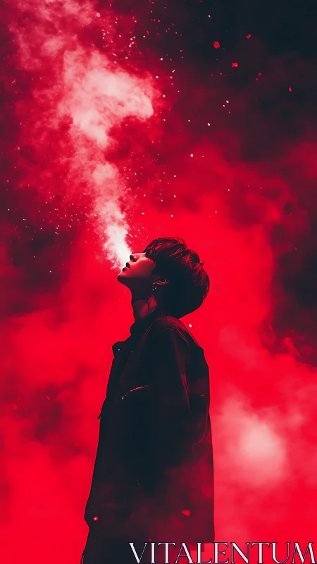 Backlit silhouette exhales luminous vapor into saturated red haze